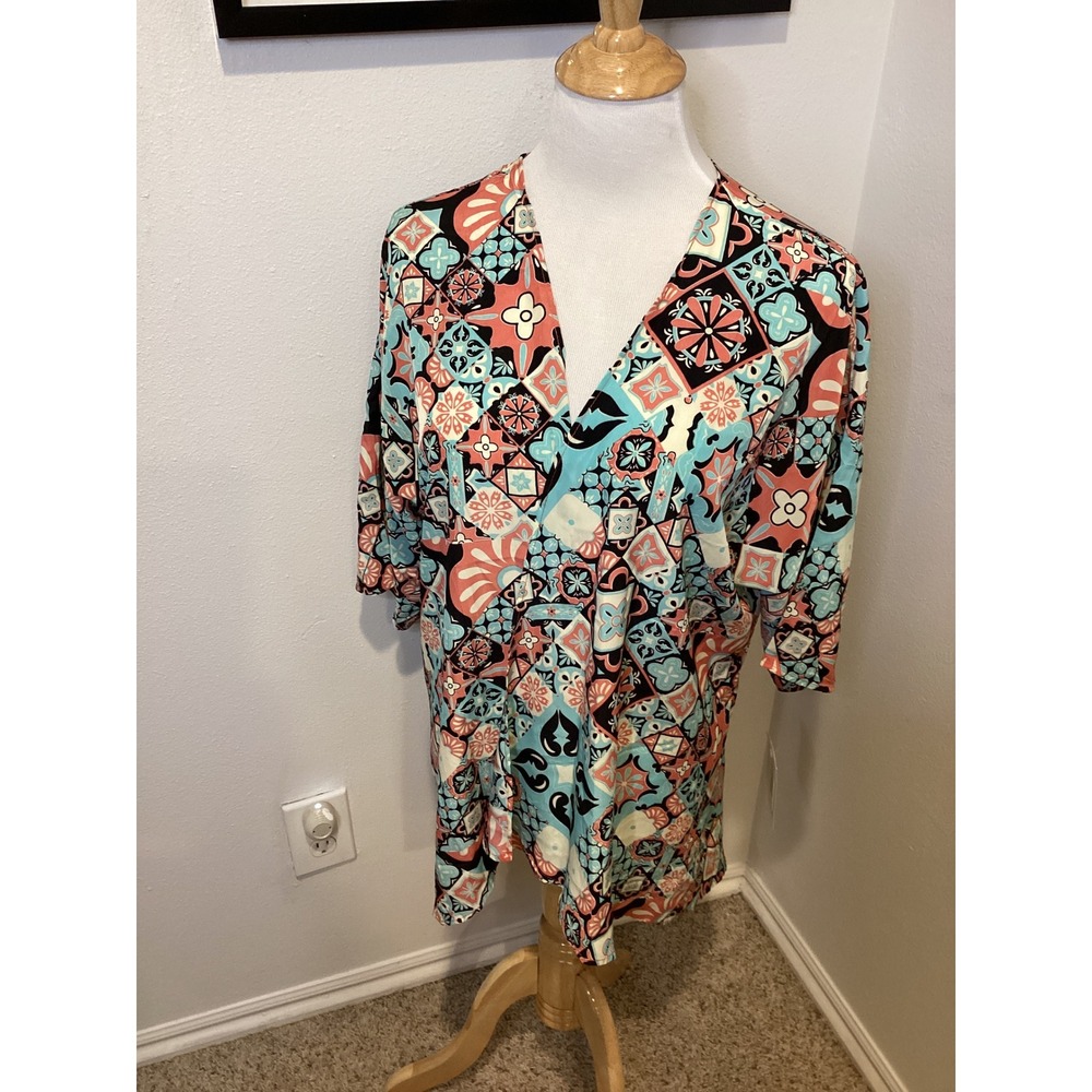 LuLaRoe Kimono Cardigan Tropical‎ Geometric Print Turquoise Coral Size S